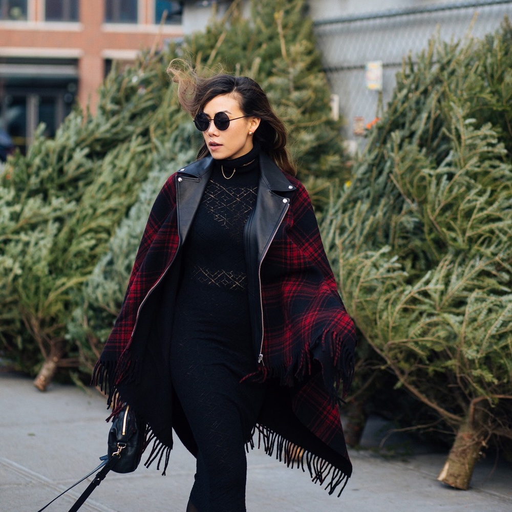 THE KOOPLES Leather Wool Blend Fringe Plaid Poncho